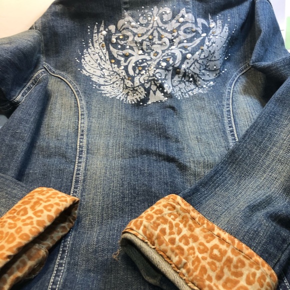 Vintage Rock 47 by Wrangler Denim Jacket Embellished back Animal print cuffs L - Picture 11 of 15